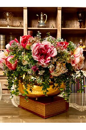 Söz 38 cm Elegant Peony Flower Arrangement with Gold Metal Vase
