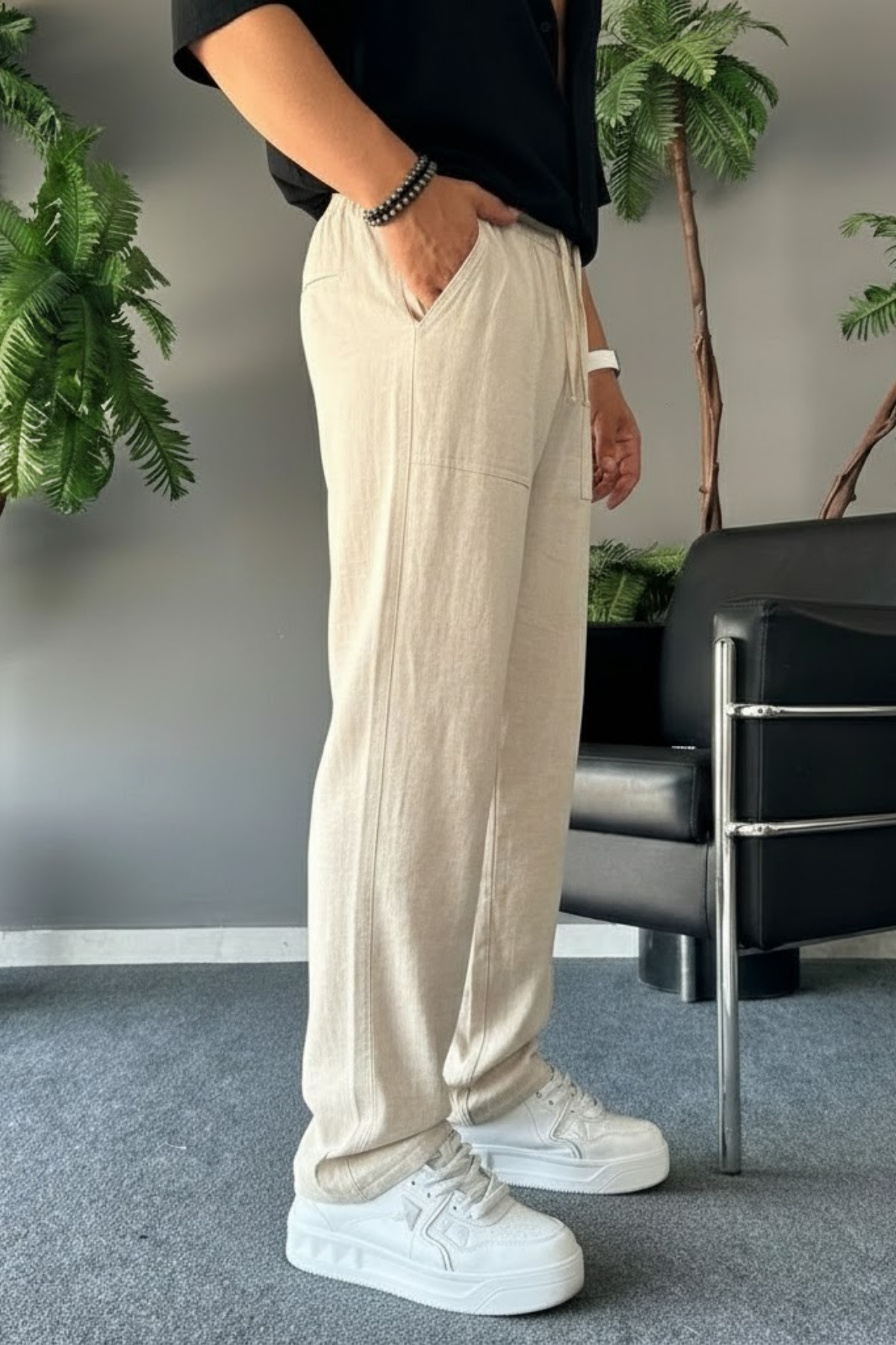 COMBİNE MİCHAİL Erkek Beli Lastikli 3 Lü Keten Pantolon görsel 5