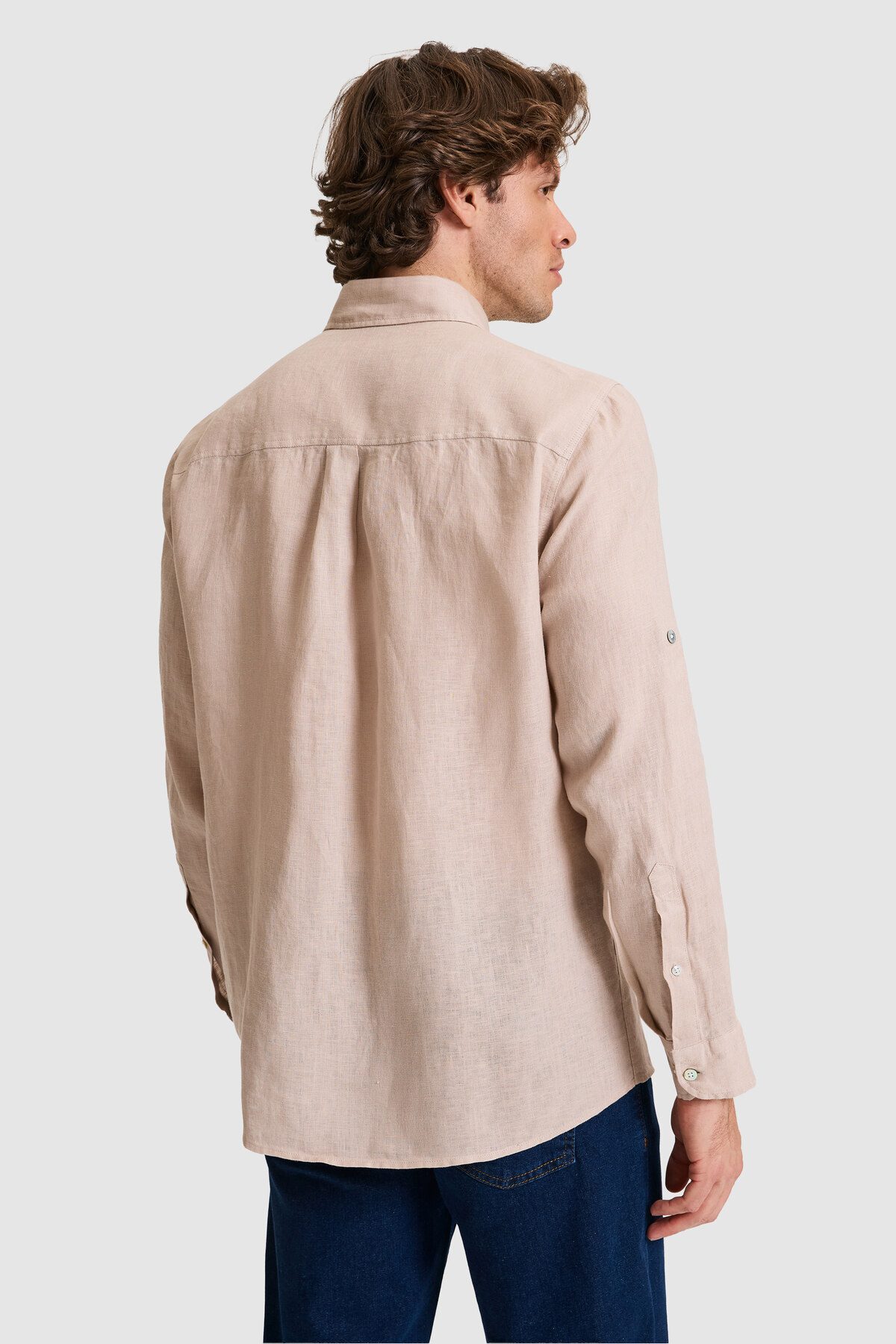 Erkek Regular Fit Taş Uzun Kollu Keten Gömlek 50319065-VR049 — خاکستری — تصویر 5 از 7