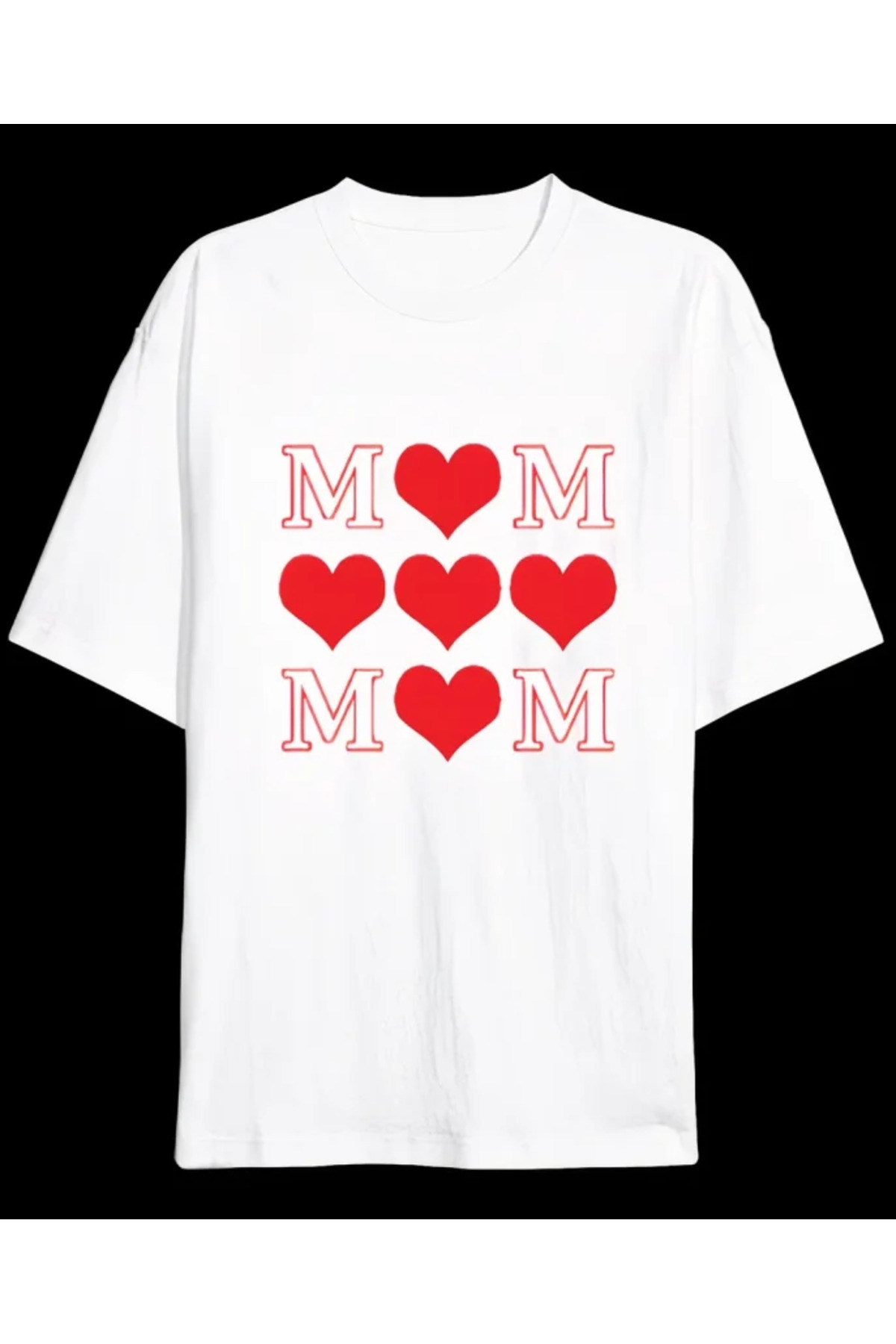 Anneler Günü Hediye MOM Kalp Baskılı Oversize Bisiklet Yaka T-shirt - Beyaz