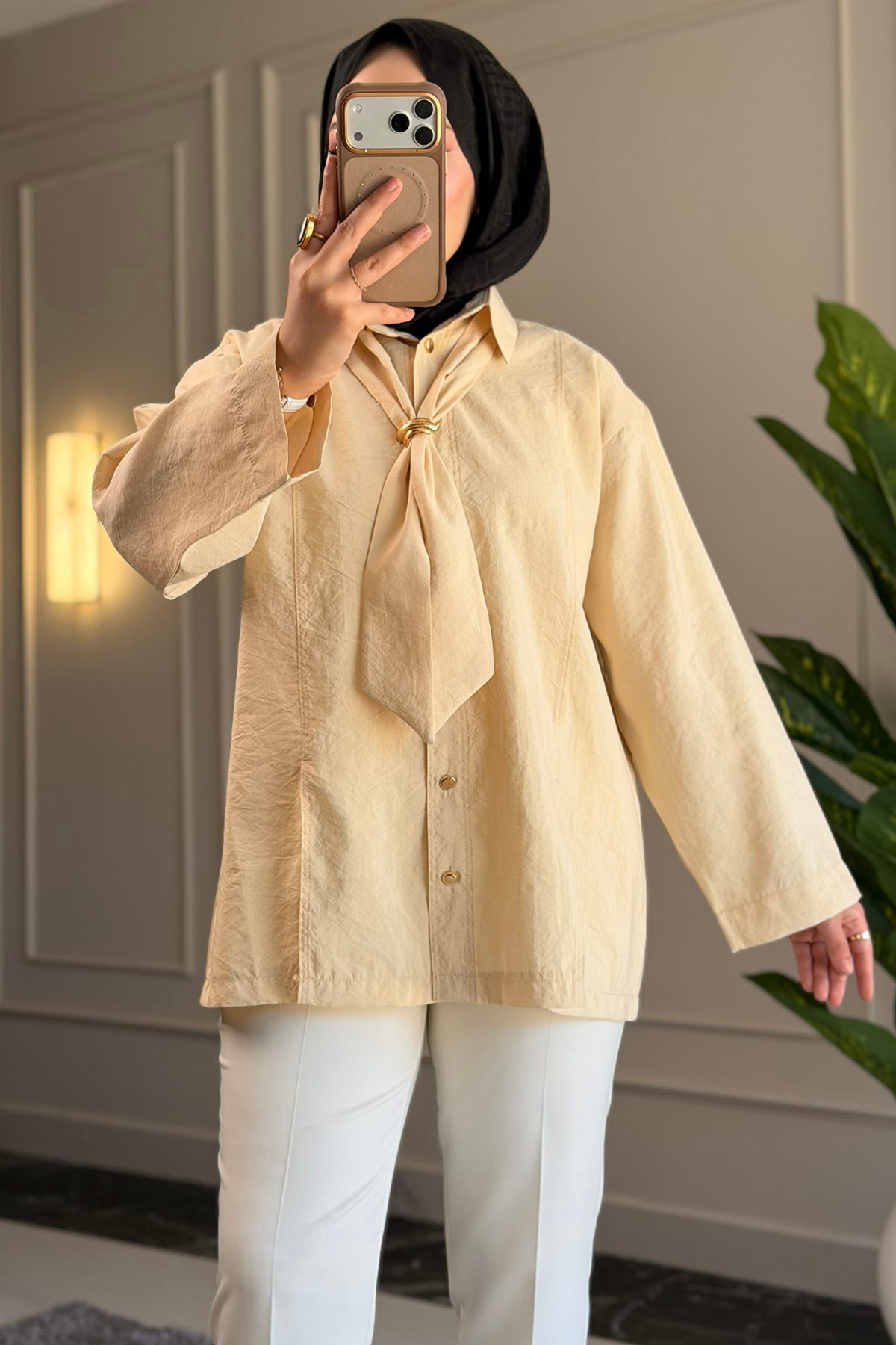 Suede Style  6463 - Şık Rahat Kravat Detaylı Dokuma Şeftali Kumaş Kadın Gömlek - Görsel 3