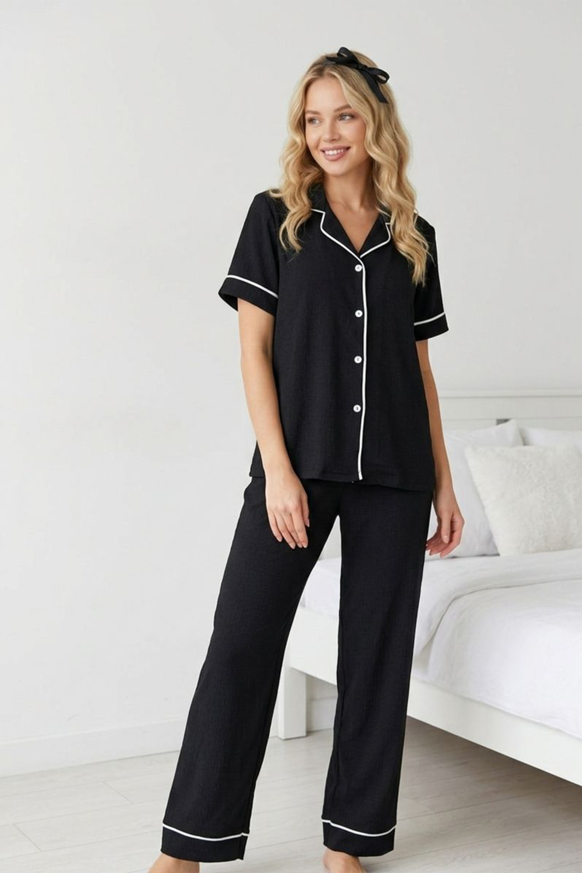 FİT WOMEN Piping and Button Short Sleeve Pajama Set 4626-Black