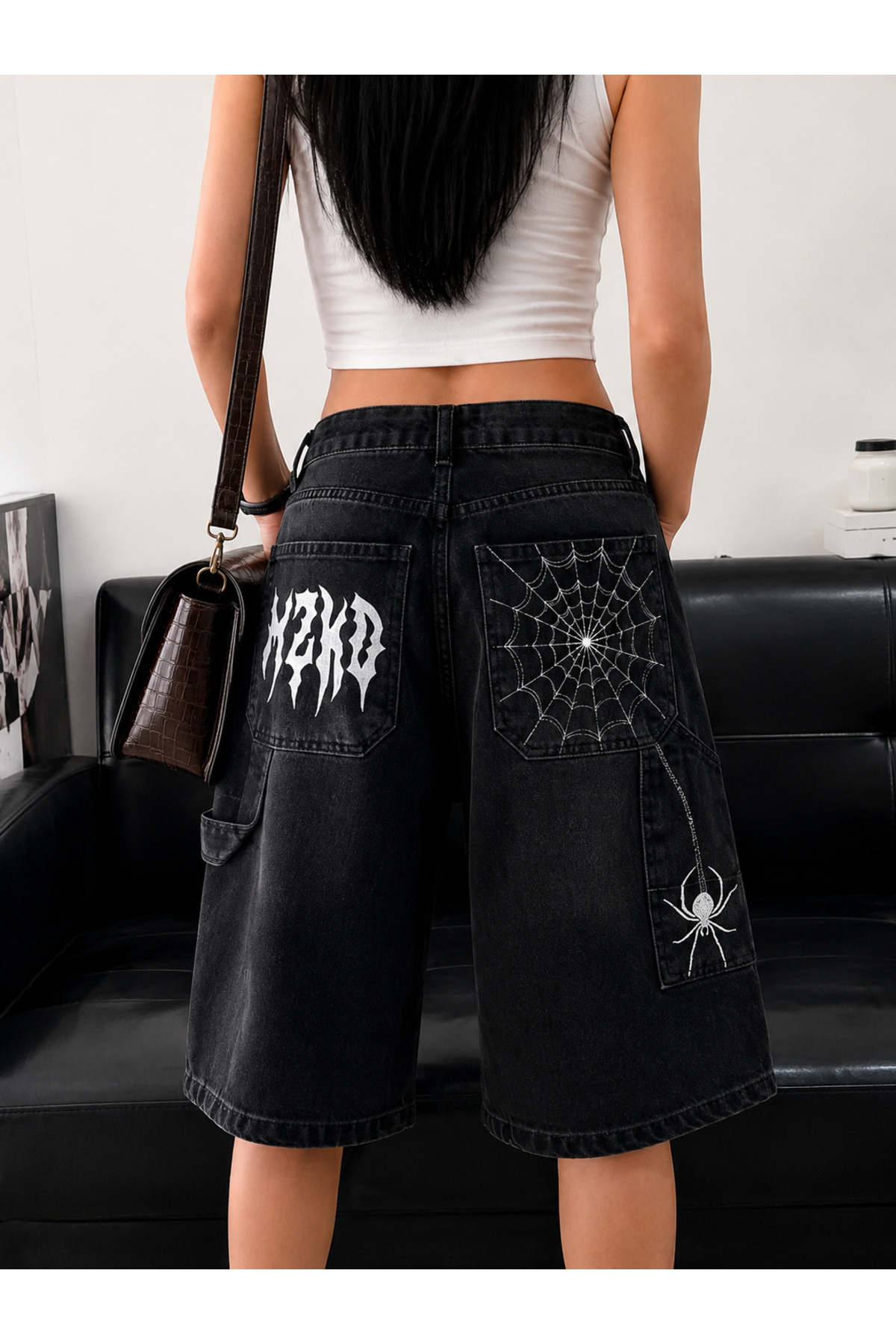 nomely Harajuku Y2k Black Spider Desenli Baggy Unisex Şort Bermuda
