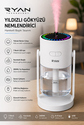 Ryan Yıldız Projeksiyonlu Nemlendirici 7 Renk LED Işıklı USB Hava Nemlendiric...
