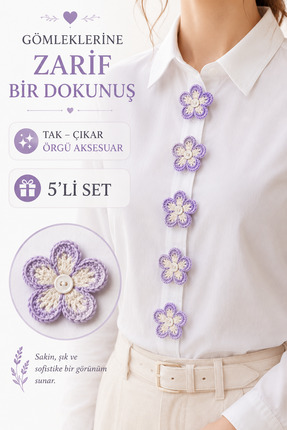 NEHOLİA El Örgüsü Gömlek Ceket Aksesuarı 5'li Set Çiçek Broş Tak Çıkar Düğme ...