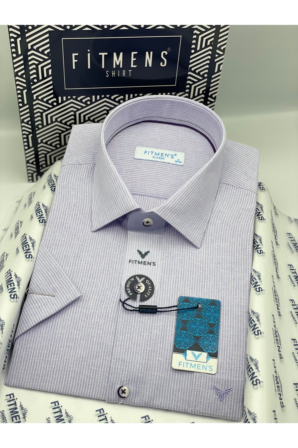 پیراهن مردانه کلاسیک آستین کوتاه کتانی نخی تنفس‌پذیر با جعبه هدیه FS-004573 - یاسی  پیراهن Fitmens