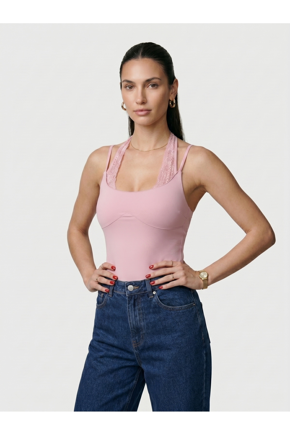 Kadın Dantel Yaka İnce Askılı Çıtçıtlı Body Slim Fit Dar Kalıp Likralı Bodysuit - Pembe 3