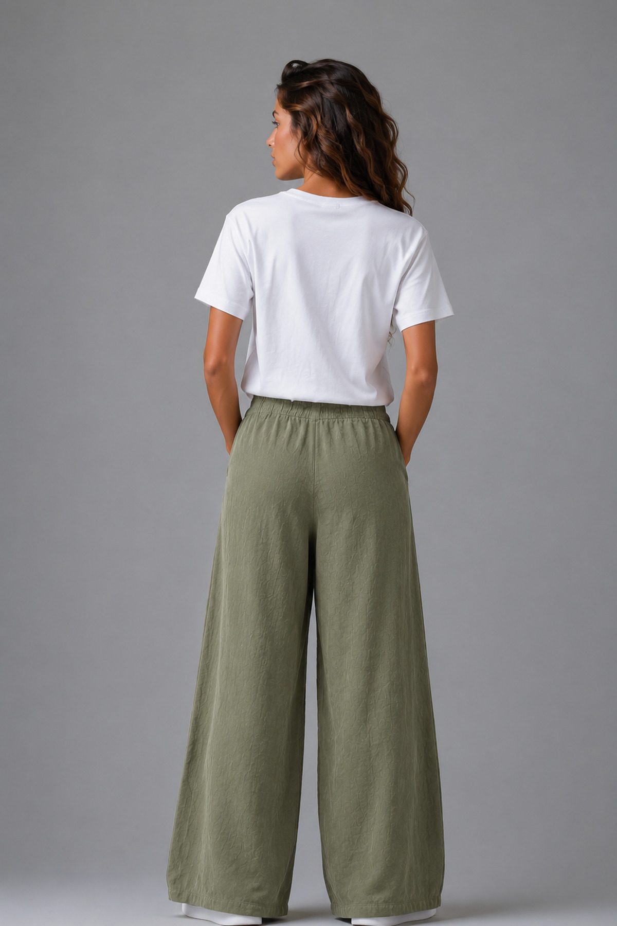 Denvy Denim Kadın Adaçayı Yeşili Çift Düğme Detaylı Palazzo Pantolon görsel 6