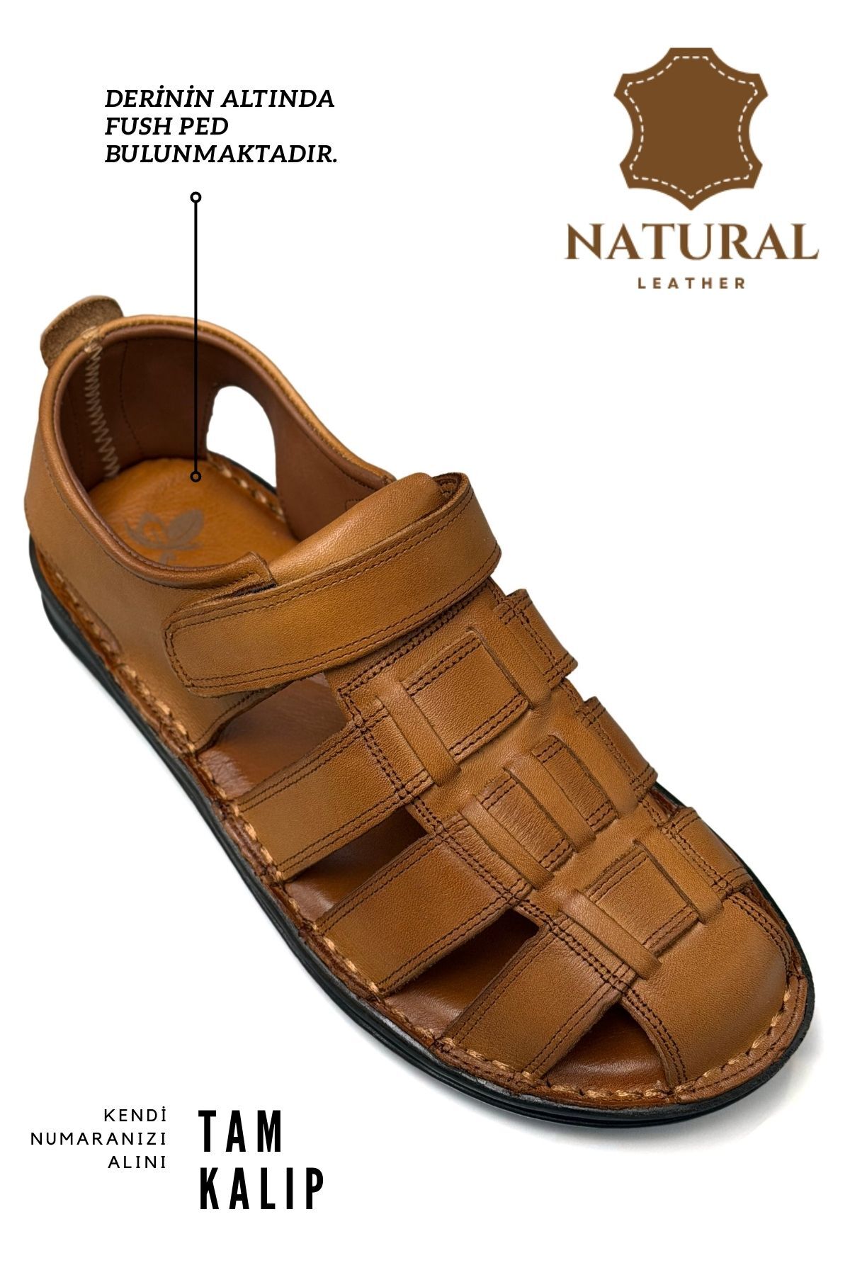 sermoda %100 Hakiki Deri Burnu Kapalı Erkek Sandalet Taba