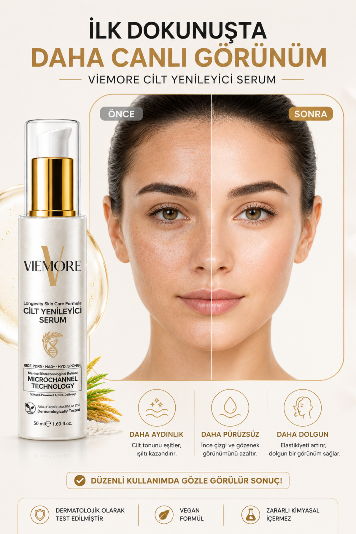 Cilt Yenileyici Serum 50 ml | PDRN (Pirinç DNA) + NAD+ + Marine Retinol | Microchannel Technology | Nemlendirici, Aydınlatıcı ve Cilt Bariyeri Güçlendirici Bakım Serumu 50 ML — VIEMOREPDRNSERUM — تصویر 3 از 7