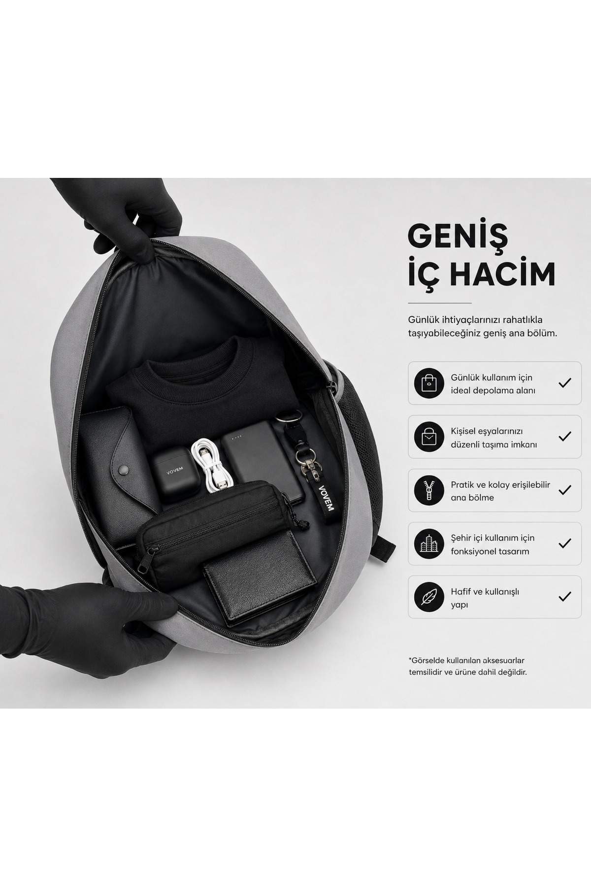 VOVEM Beyond Horizon VOVEM Axis - Günlük Seyahat Sırt Çantası Unisex Su Geçirmez Gri görsel 5