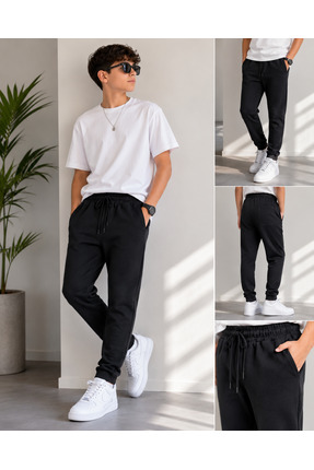 joggers Erkek Çocuk Siyah Jogger Pantolon Lastikli Bel Cepli Rahat Kalıp 12-1...