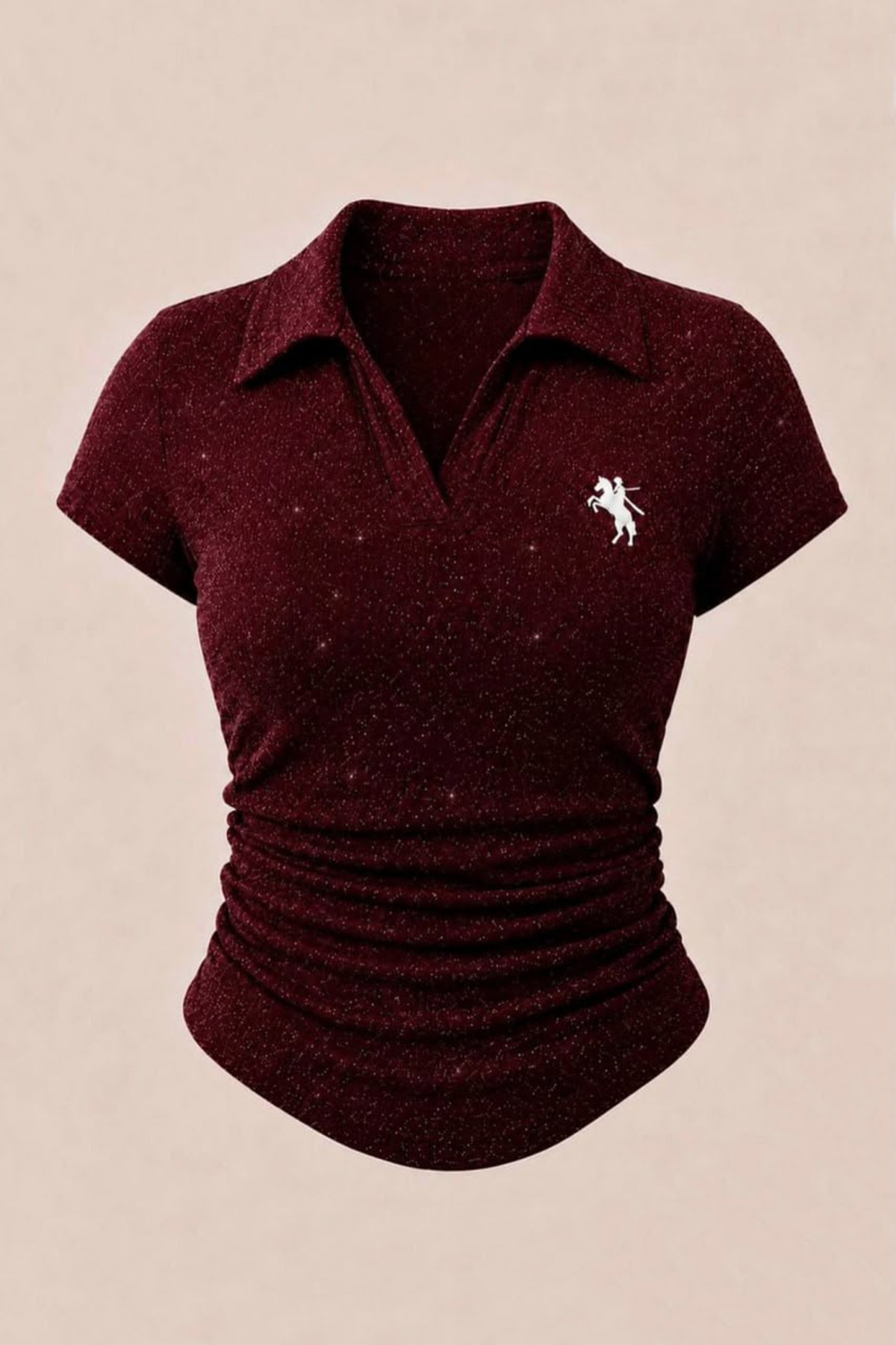 Violon  Bordo Simli Polo Yaka Büzgülü Bluz
