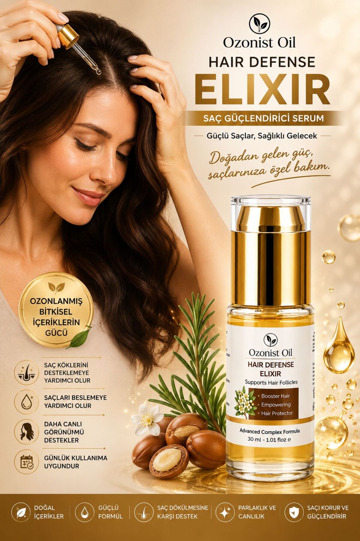 Biberiye , Argan Saç Serumu 30 ml – Saç Güçlendirici, Besleyici ve Parlaklık Destekleyici Ozonist Oil — 808.08.08 — تصویر 3 از 4