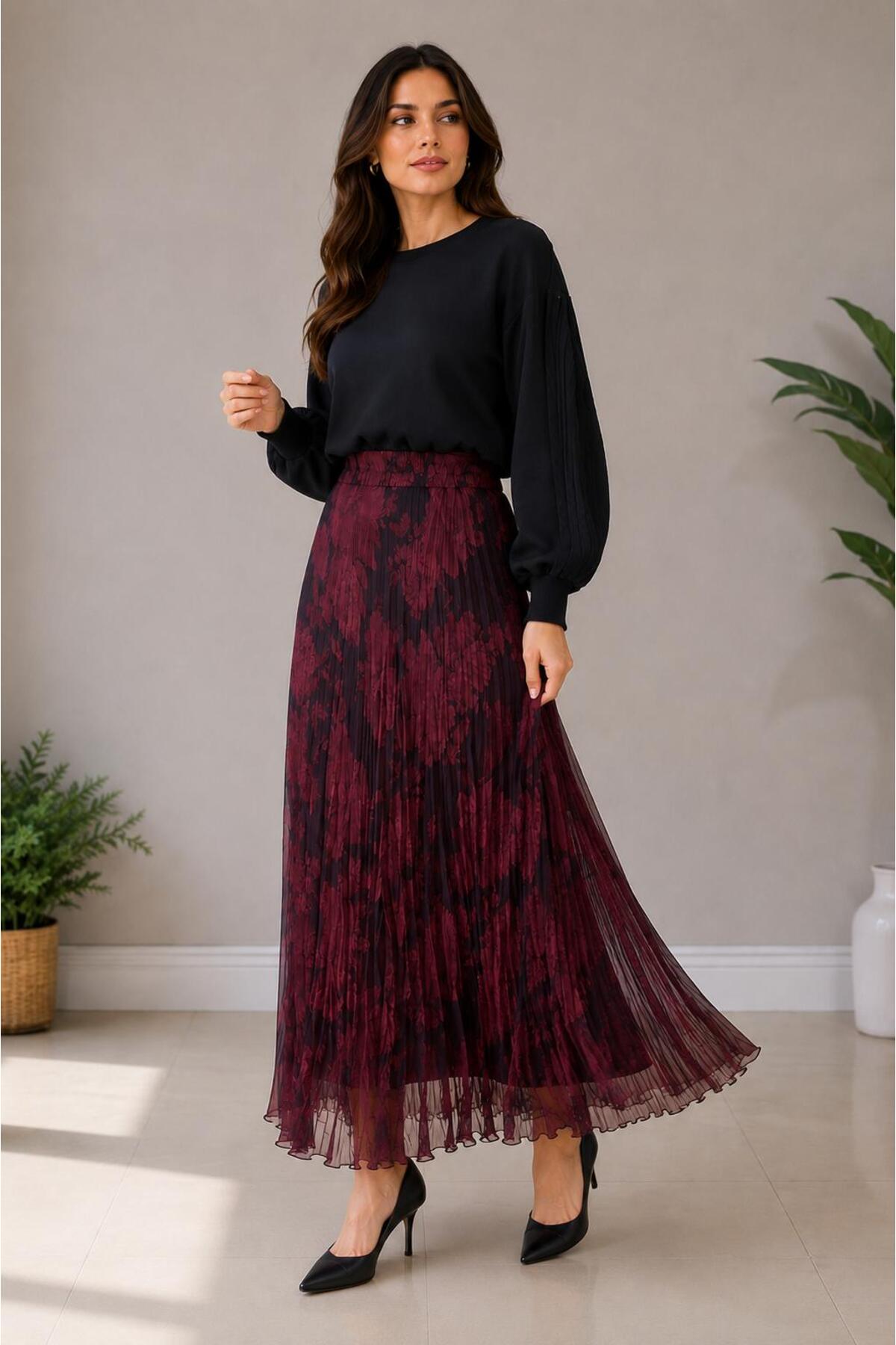 High Waist Floral Pleated Long Skirt