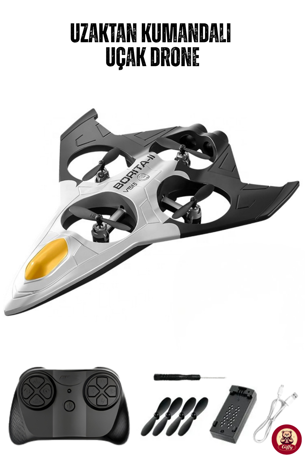 giffy Uzaktan Kumandalı Jet Uçağı Drone Işıklı Şarjlı Takla Atabilen 360° Dönüş Yapabilen Otomatik İniş Kalkış Hobi Drone 8-10 Dakika Kullanım Süresi Ev Drone