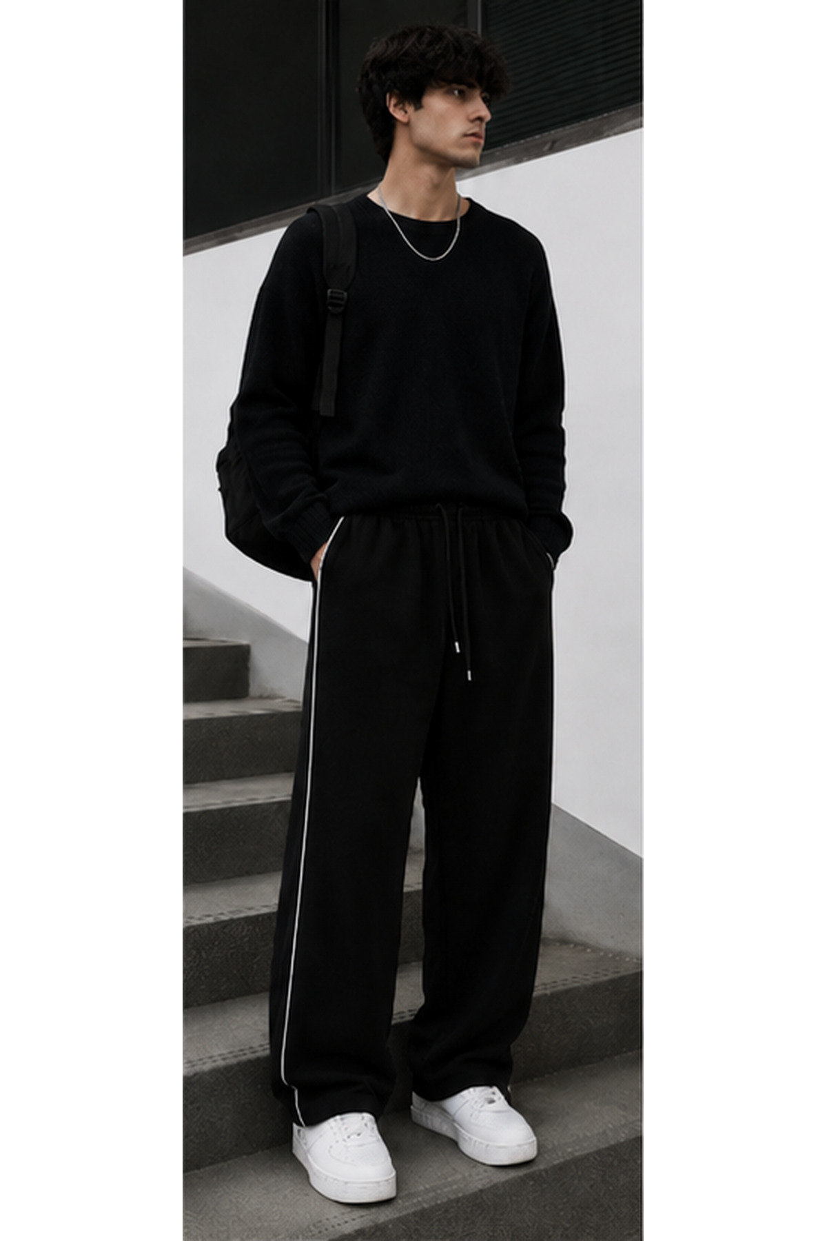De Carte Harajuku Streetwear Yan Şeritli Erkek Bol Kesim Ayarlanabilir Geniş Paça Eşofman Altı görsel 4