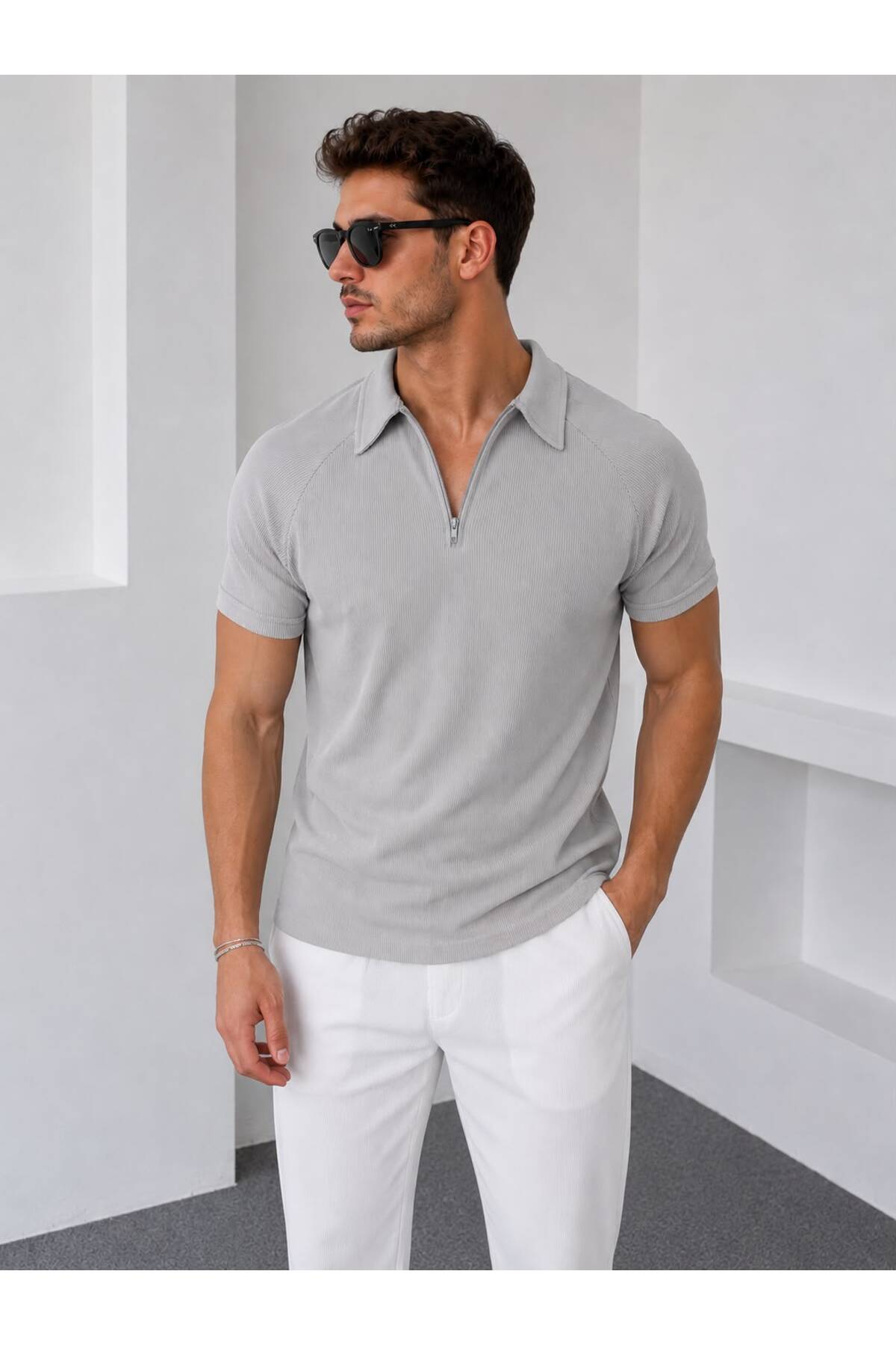 Generic Brands Men's Gray Half-Zip Polo Collar T-Shirt