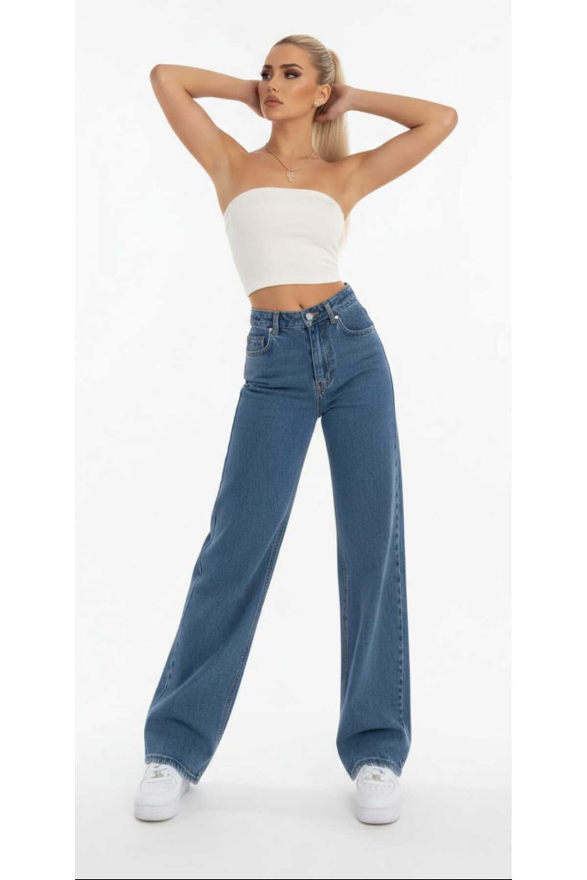Lighter Jeans Kadın Orta Mavi Likralı Wide Leg Palazzo Jean Yüksek Bel Bol Paça Kadın Pantolon görsel 5