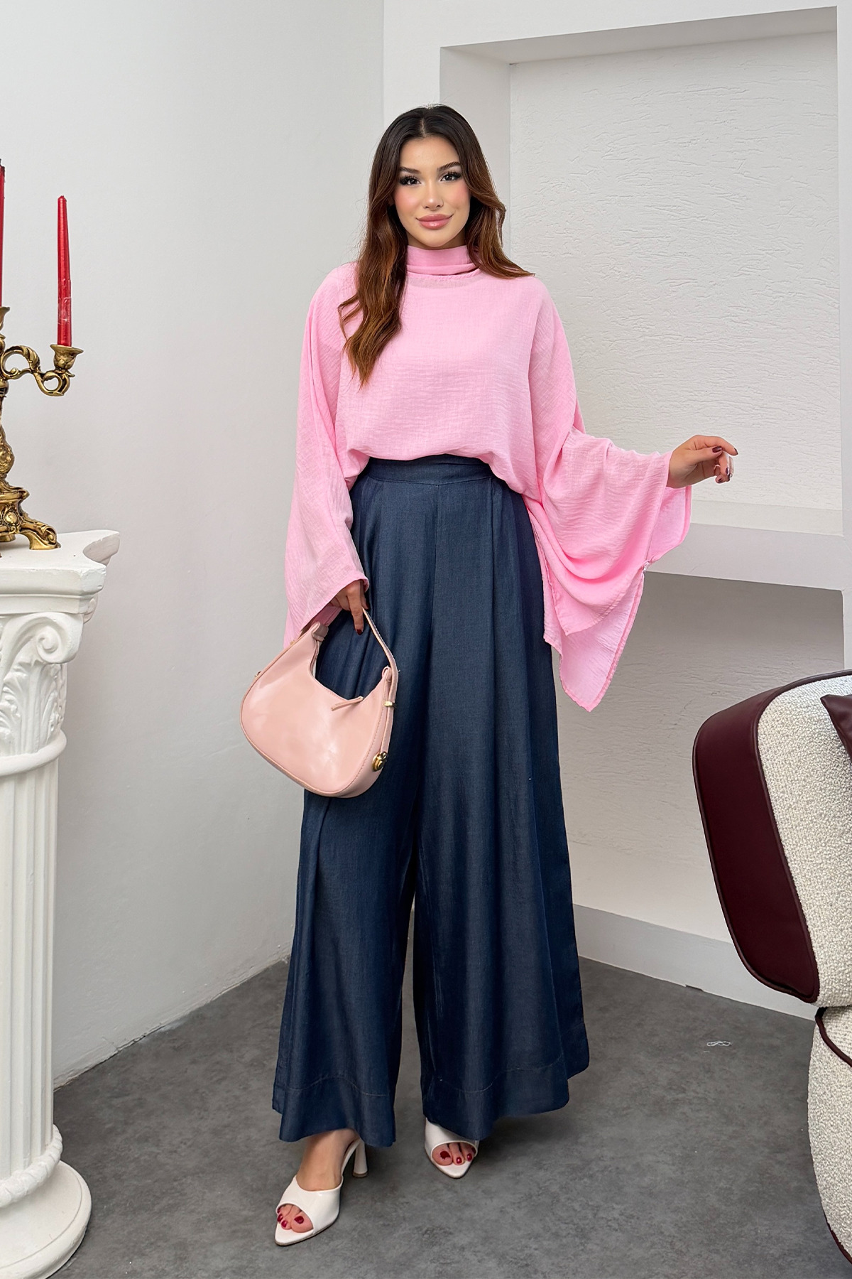 Hatun Atila Kadın Fularlı Yaka Asimetrik Yarasa Kol Salaş Panço Bluz 6019 - Pembe görsel 3