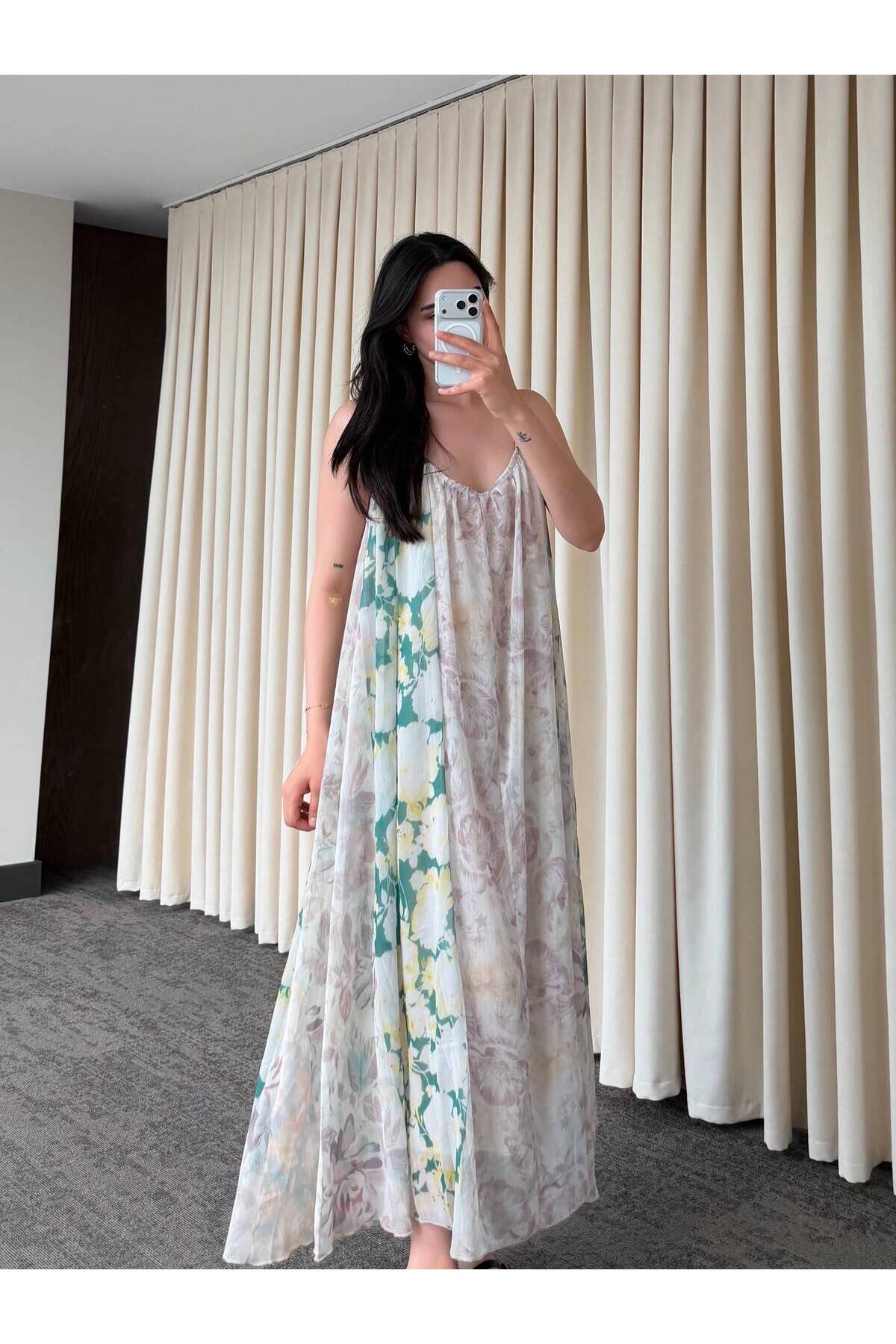 My Blog Green Thin Strap Floral Long Dress - 3321