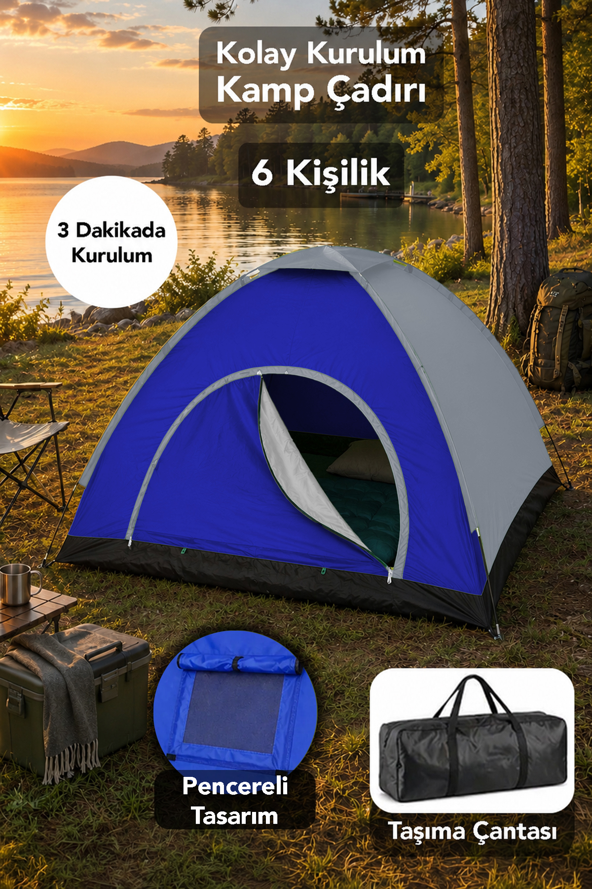 Easy Installation Camping Tent - Manual 4 Seasons Use Garden Tent for 6 Persons Gray 220x250x150