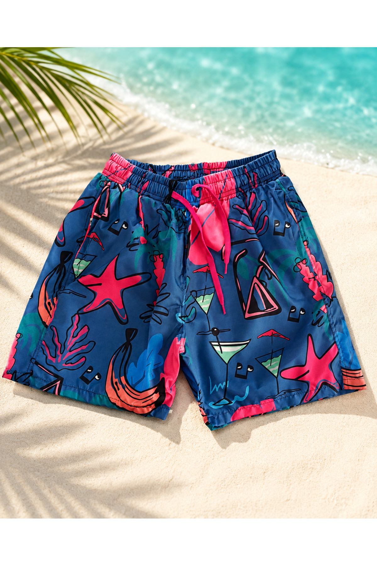 kr kids Boys' Navy Blue Fuchsia Tropical Patterned Swim Shorts Elastic Lace-Up Swim Shorts