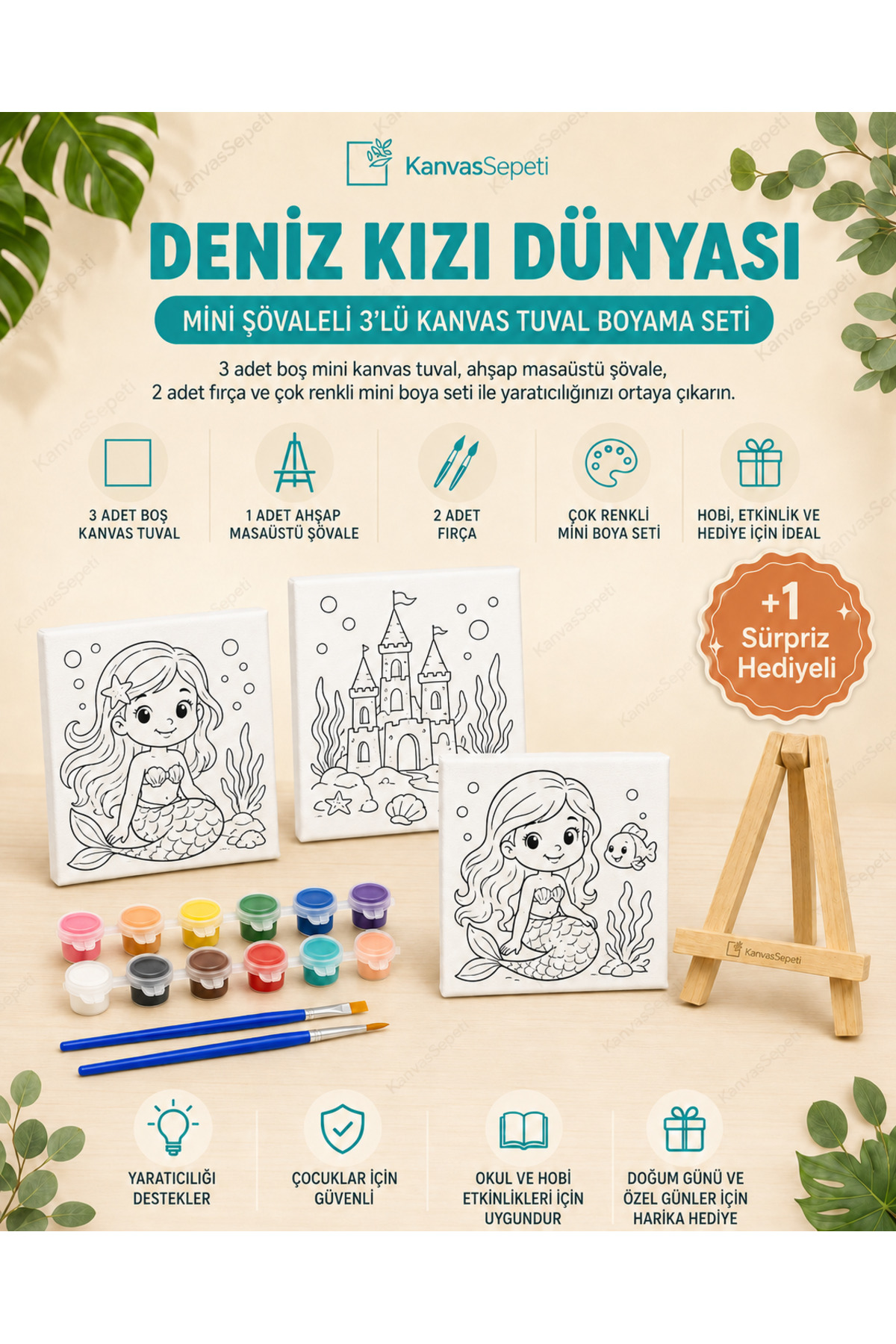 Deniz Kızı Dünyası Mini Şövaleli 3'lü Boyanabilir Kanvas Tuval Seti 20x20 12 Renk Boya