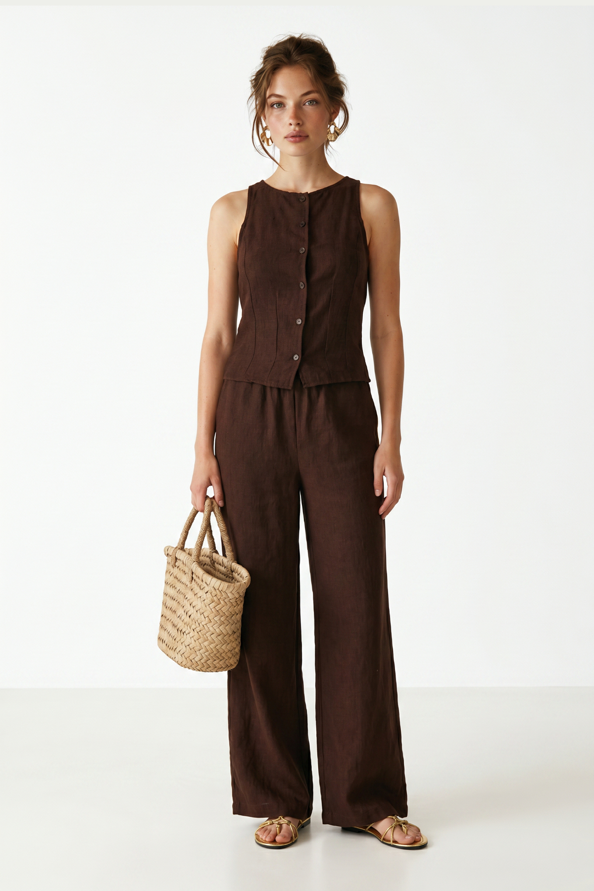 Linen Look Vest Pants Set LAZ0010 BROWN