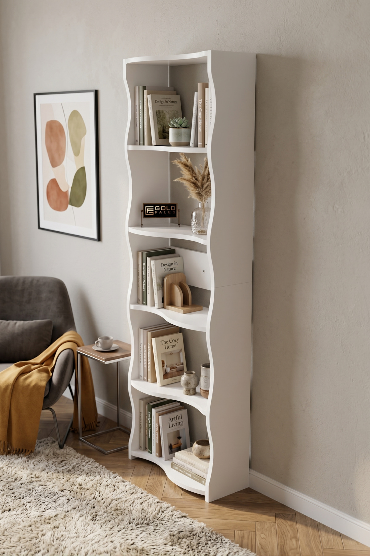 Kitaplık 5 Raflı Esinti Modern Çok Amaçlı Dekoratif Raf Ünitesi Geniş Kütüphane Ofis Kitaplığı 7081 Beyaz görsel 3