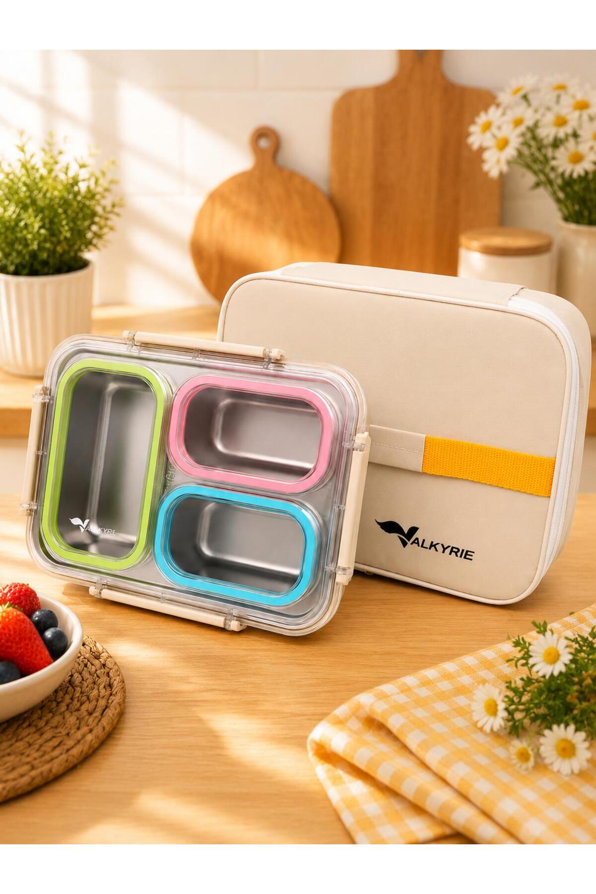 valkyrie 3 Gözlü Paslanmaz Çelik Lunch Box Termal Taşıma Çantalı