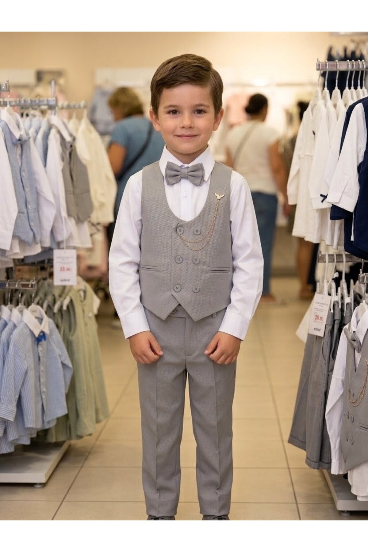 Terry Boys' Gray Double-Breasted Vest Suit with Shirt and Bow Tie, 4-Piece Set