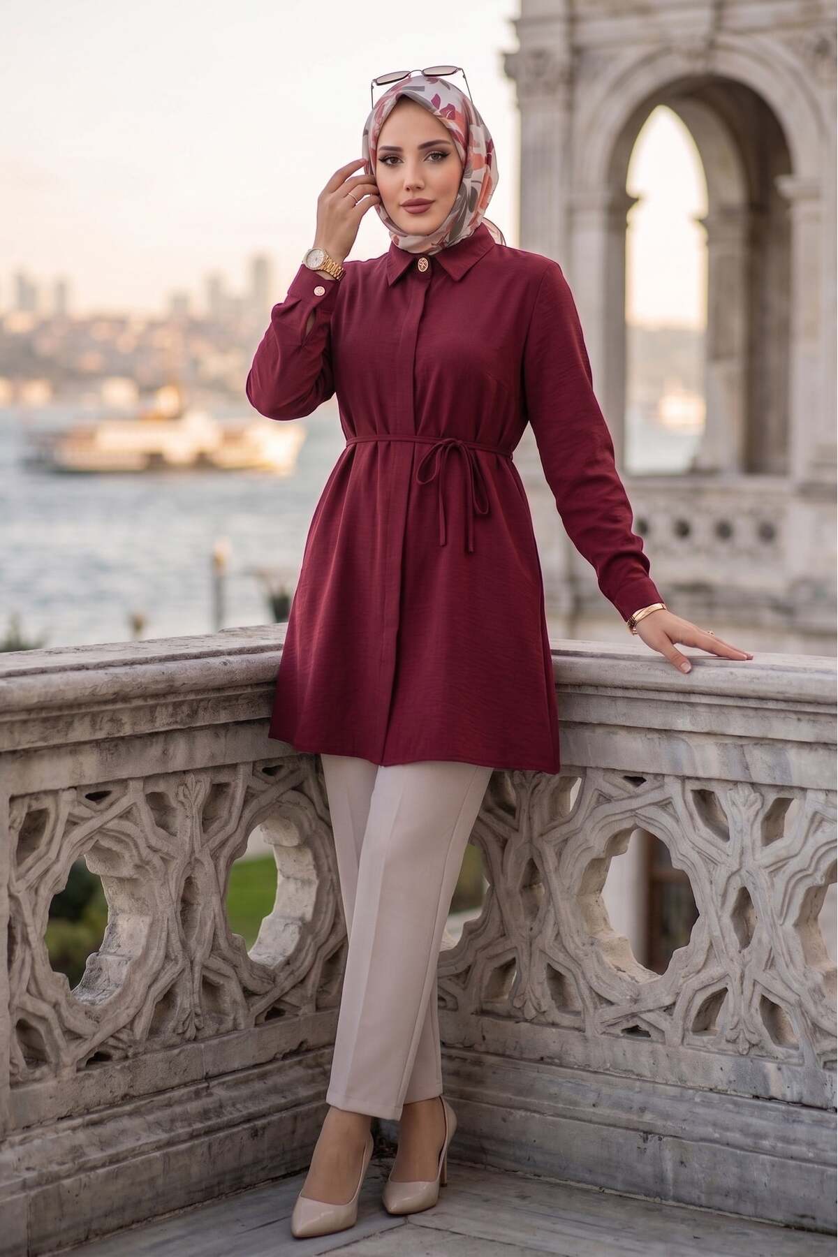hafsamina Bağlamalı Cepli Tunik Bordo HM2911