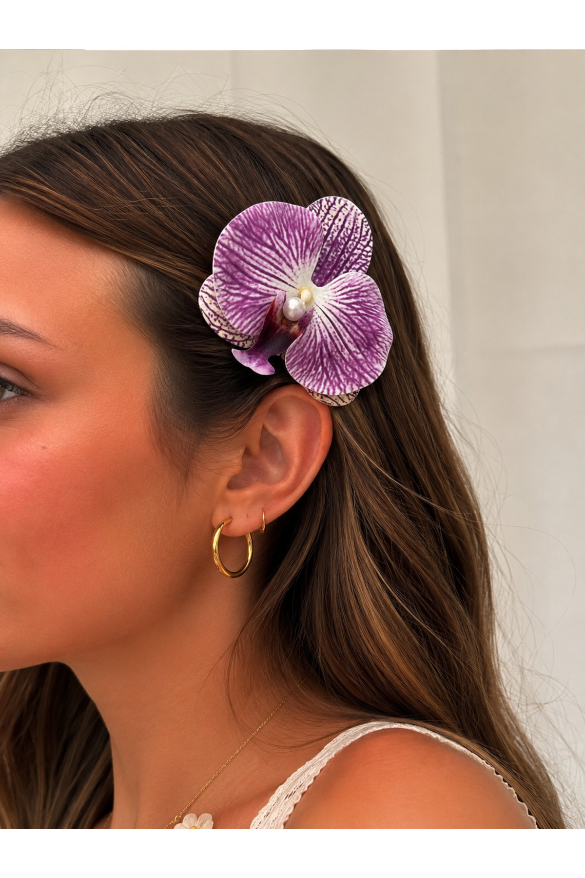 Premium Quality Pearl Orchid Flower Side Clamp Buckle Oversized Women's Aloha Hairpin