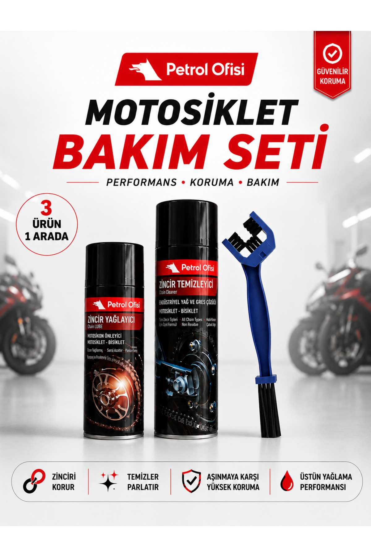 Petrol Ofisi Motosiklet Zincir Bakım Seti 3'lü - Zincir