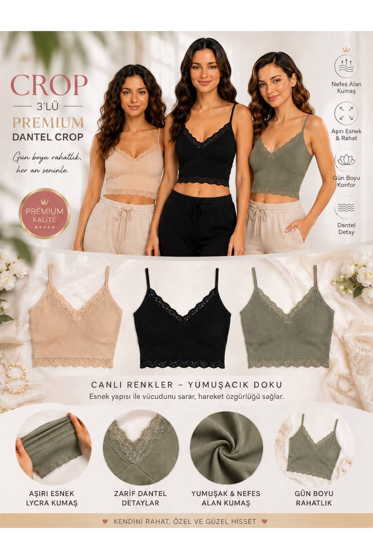 Gizem iç giyim 3'LÜ PEDLİ BÜSTİYER BLUZ CROP FİTİLLİ KUMAŞ YUMUŞACIK DOKU CANLI RENKLER