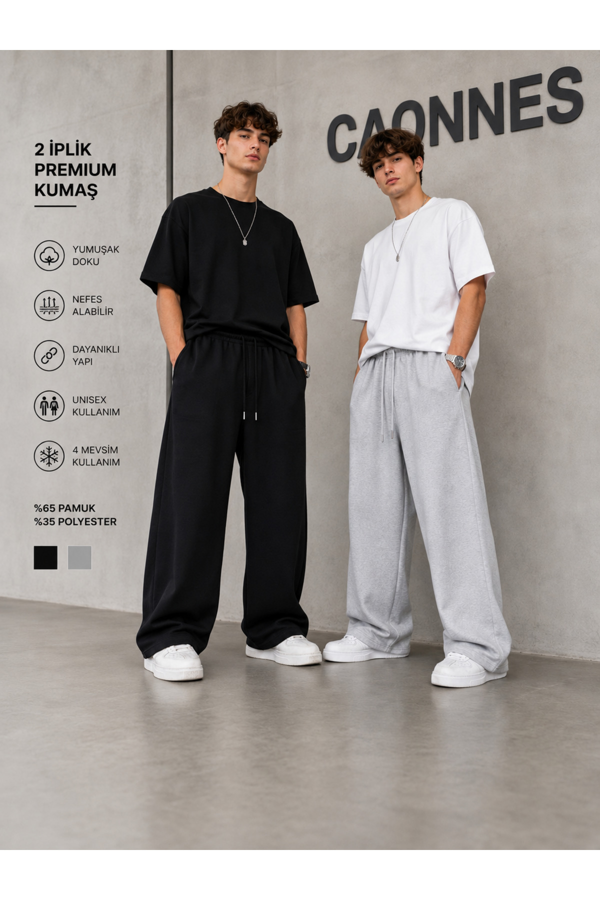 CAONNES 2-Pack Men's Sweatpants (Black-Grey) Oversize Baggy Loose Legs