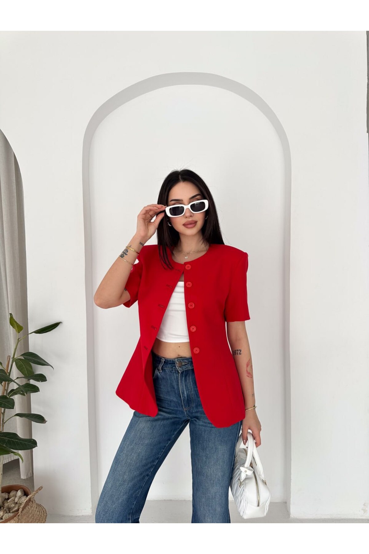 Pukka Kadın Double Kumaş Düğmeli Bel Oturtmalı Kısa Kollu Blazer Ceket görsel 6