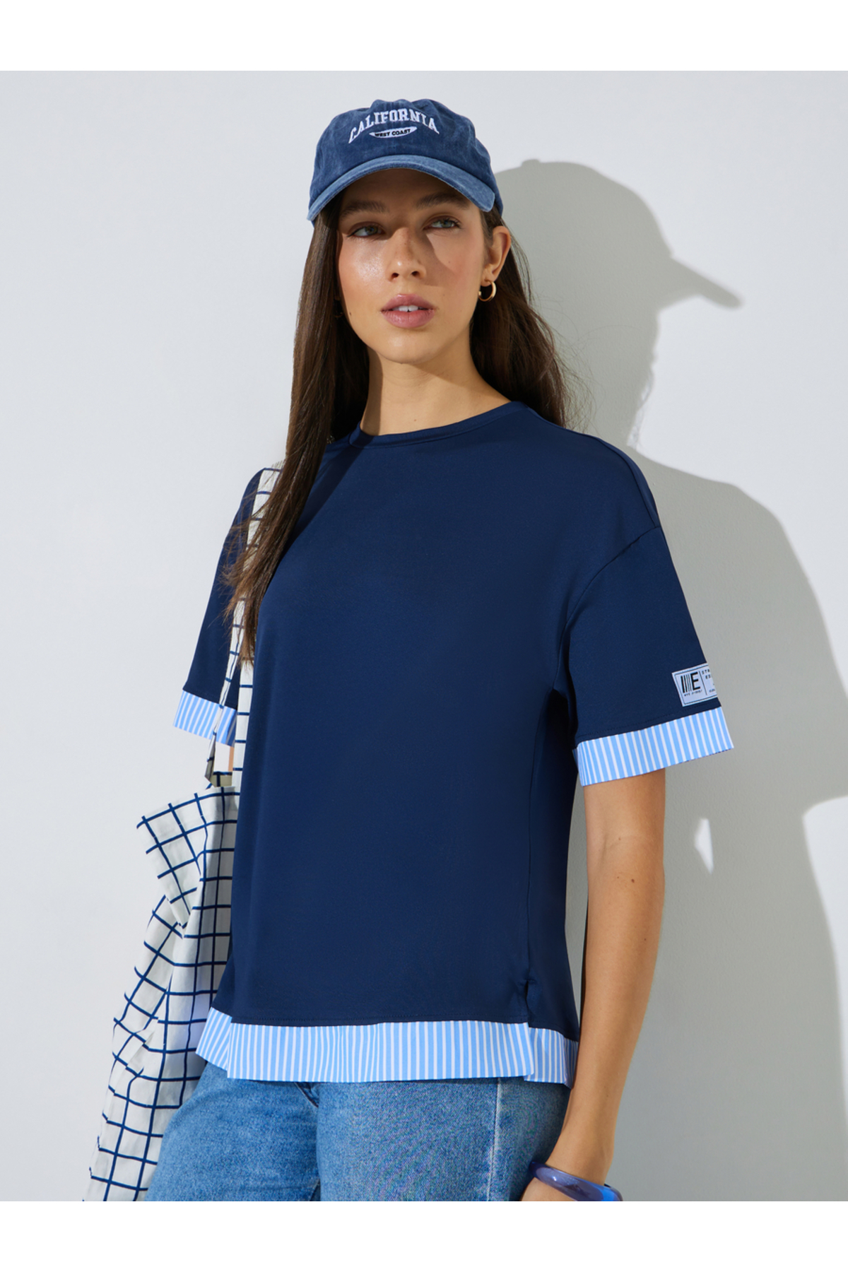 Styli Navy Blue Layered Hem T-Shirt With Striped Detail