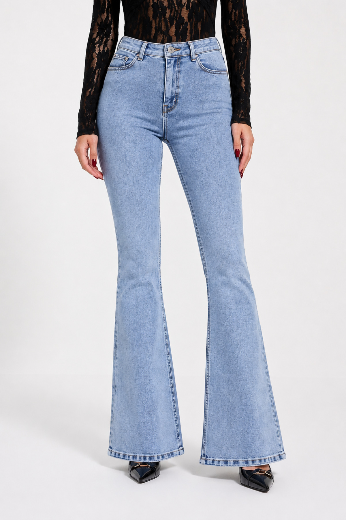 Lighter Jeans Likralı Yüksek Bel İspanyol Paça Kadın Jean Pantolon Kar Mavi Esnek Flare Denim