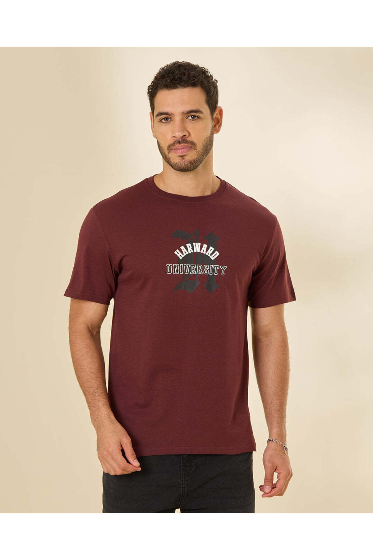 REDTAG Men Burgundy Heritage Printed Graphic T Shirt