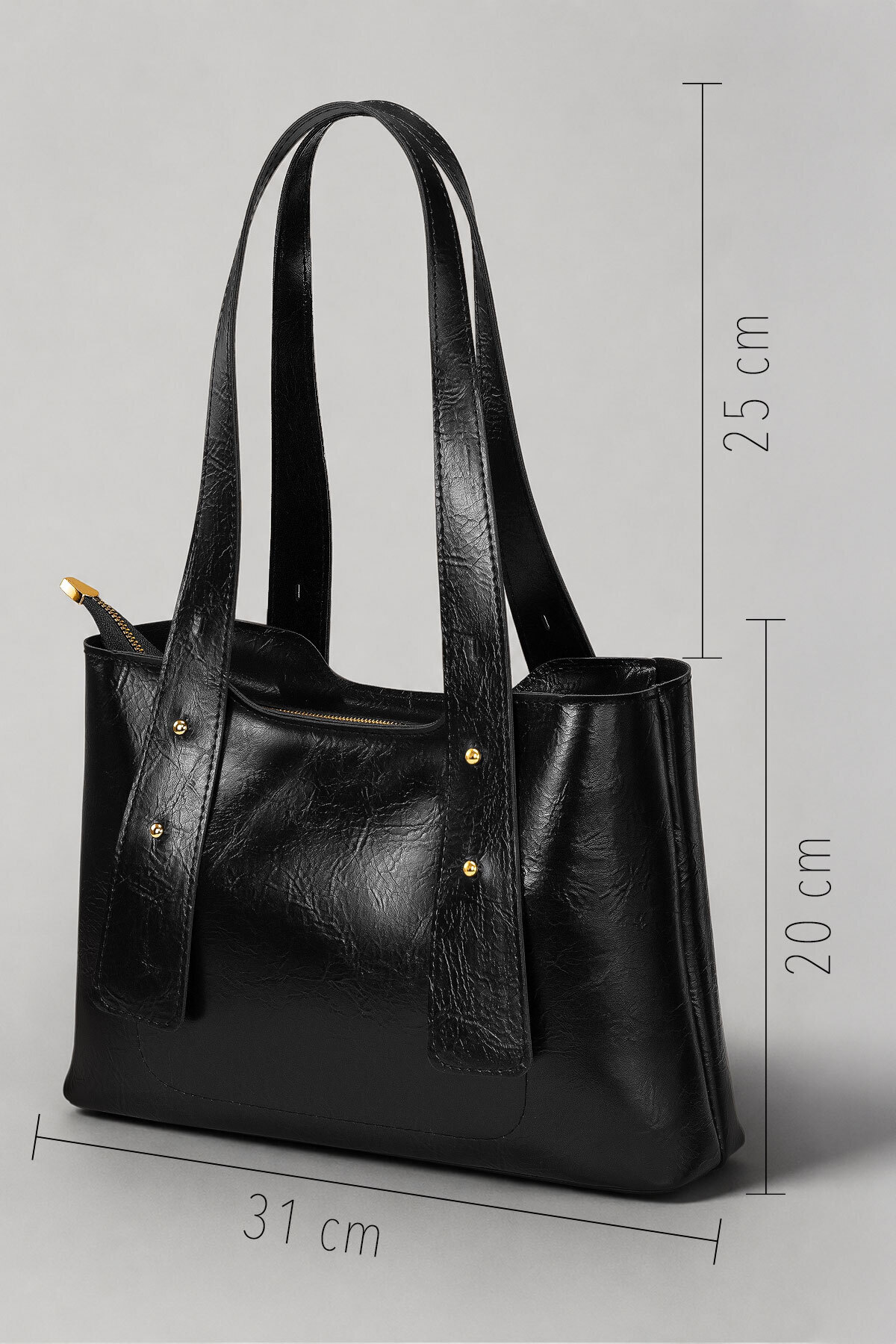 Housebags Siyah Dokulu Kadın Omuz Çantası, Gold Metal Detaylı Fermuarlı Everyday Tote Bag 287 görsel 6
