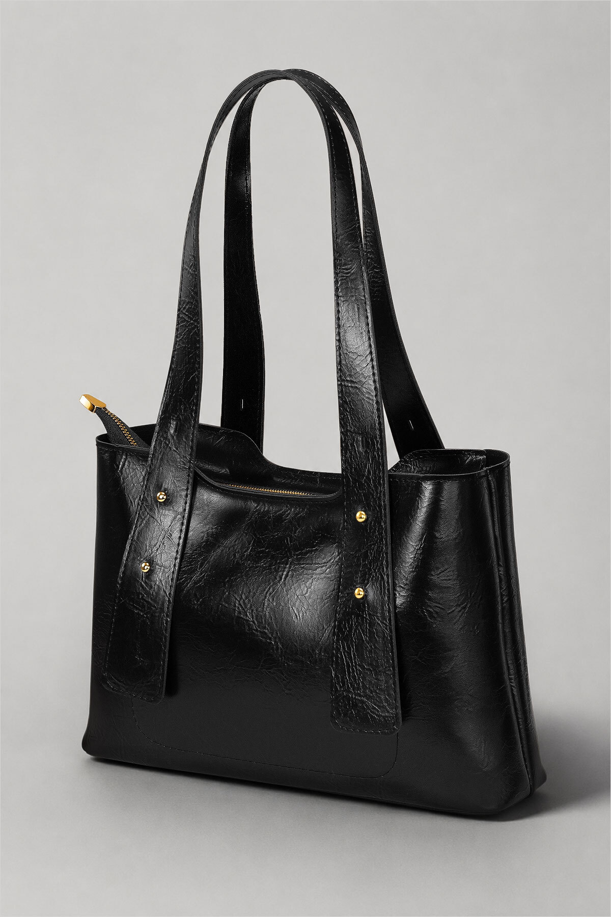 Housebags Siyah Dokulu Kadın Omuz Çantası, Gold Metal Detaylı Fermuarlı Everyday Tote Bag 287