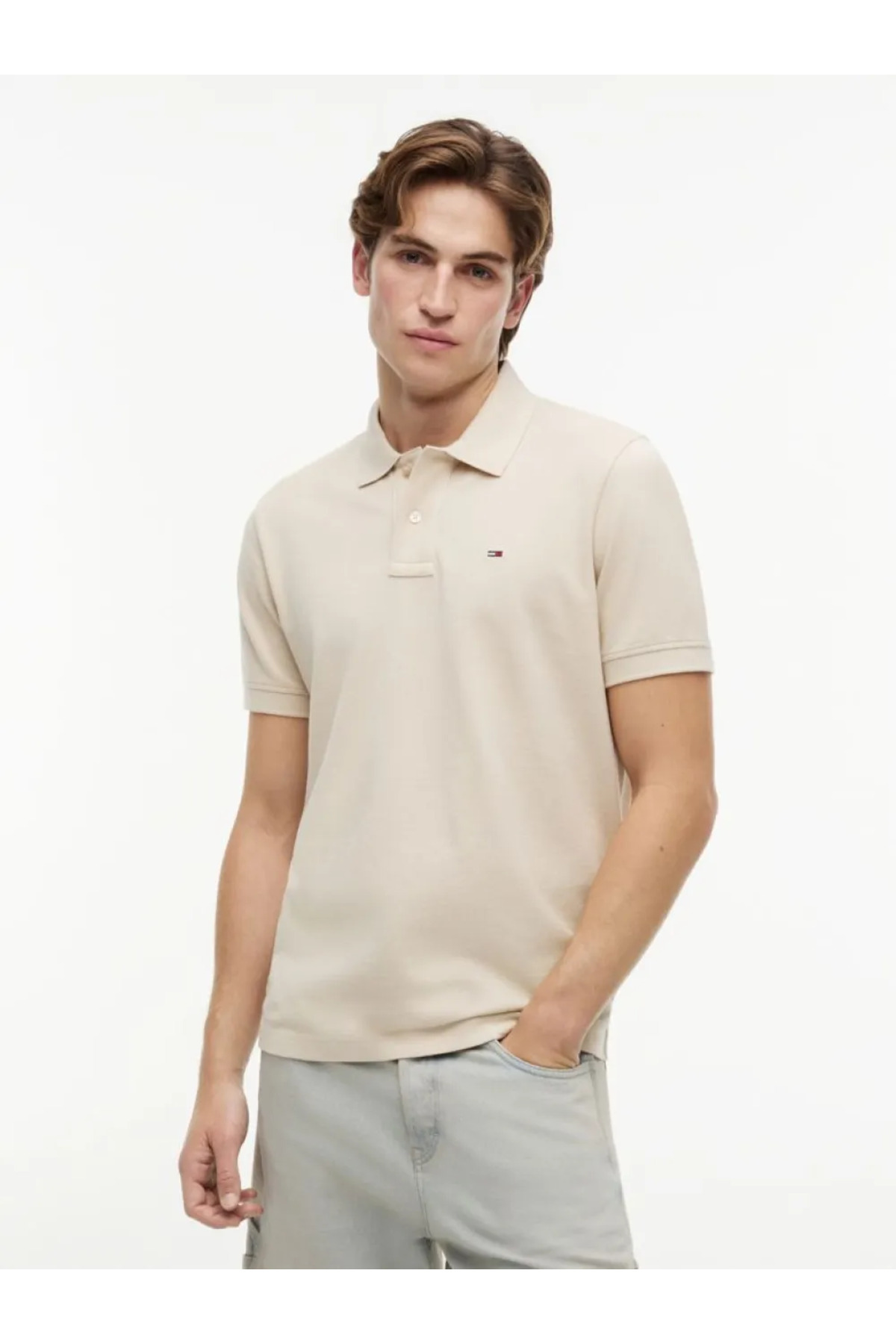 Tommy Hilfiger Men's Brand Logo Cream Polo Neck T-Shirt Suitable for Daily Use