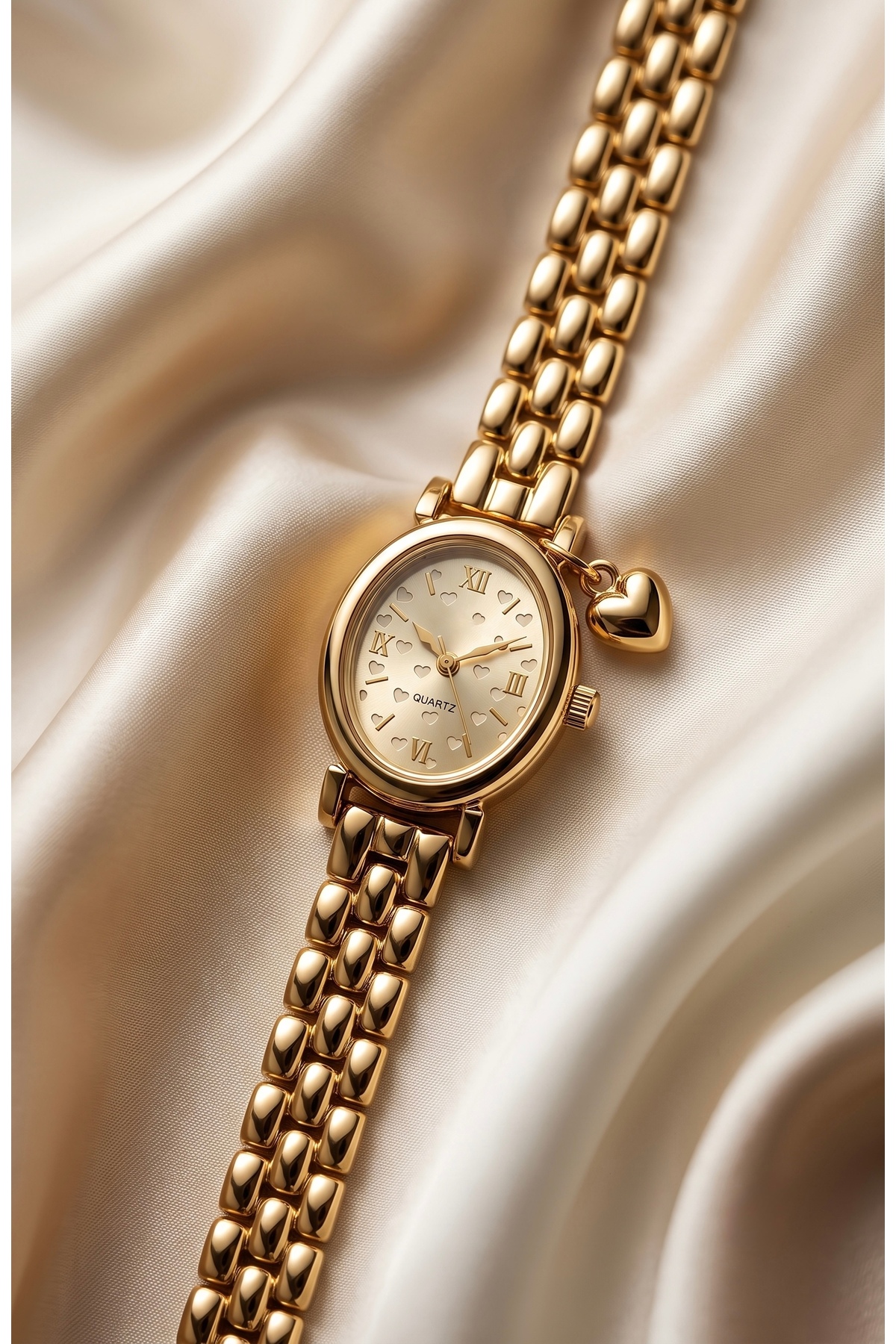 KLISHE Butik Valentin Kadın Çelik Saat Gold Renk Kalp Charm Detaylı Vintage Oval Kasa Old Money Zarif Şık Lüks Kadın Kol Saati | Limited Edition 2026 görsel 6
