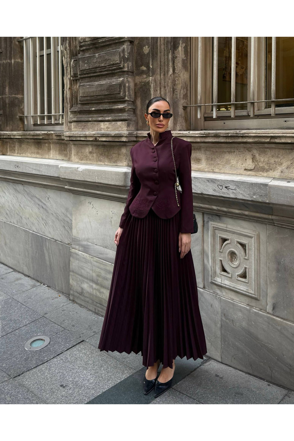 Ortaya Çık Burgundy Embroidery Detailed Jacket Pleated Skirt Women's Suit