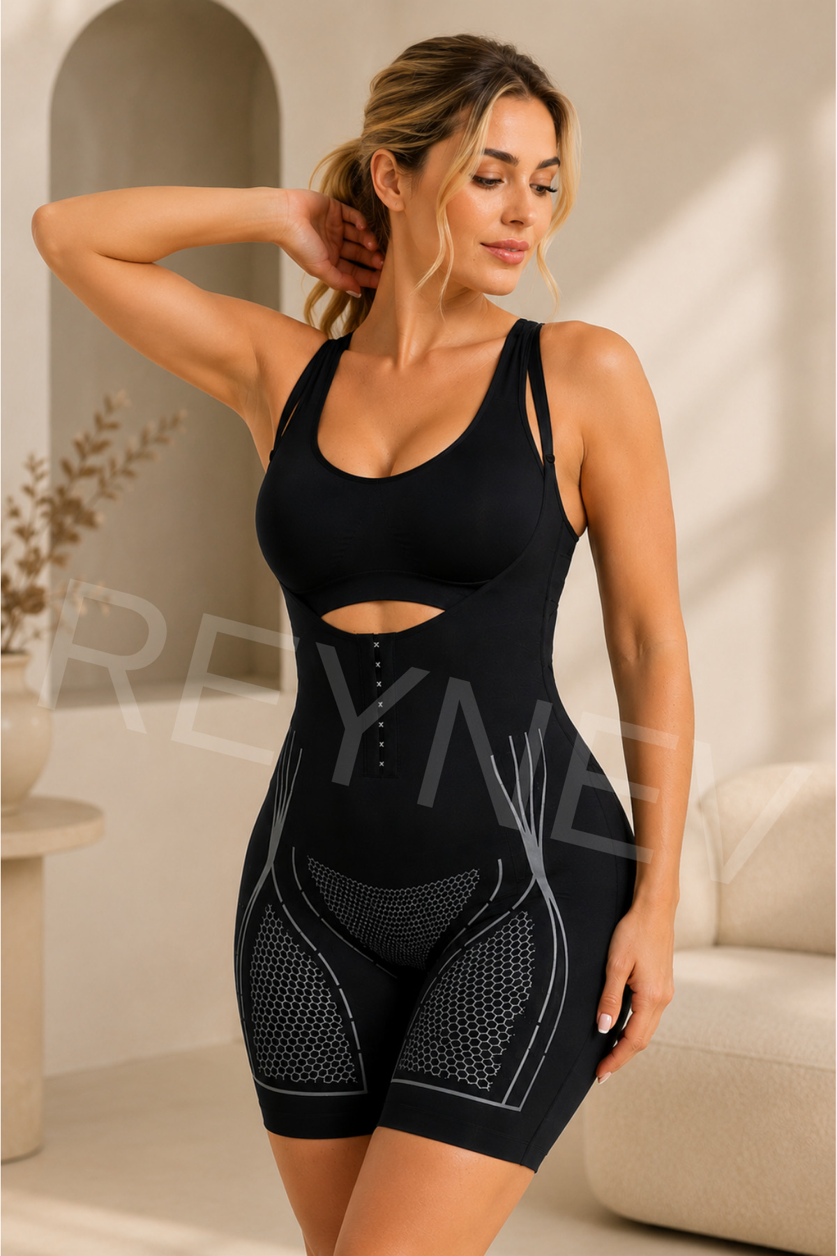 REYNEV Şekillendirici Tulum Korse Kadın Önden Açılabilir Göğüs Bölgesi Açık Uyluk Toparlayan Body siyah görsel 4