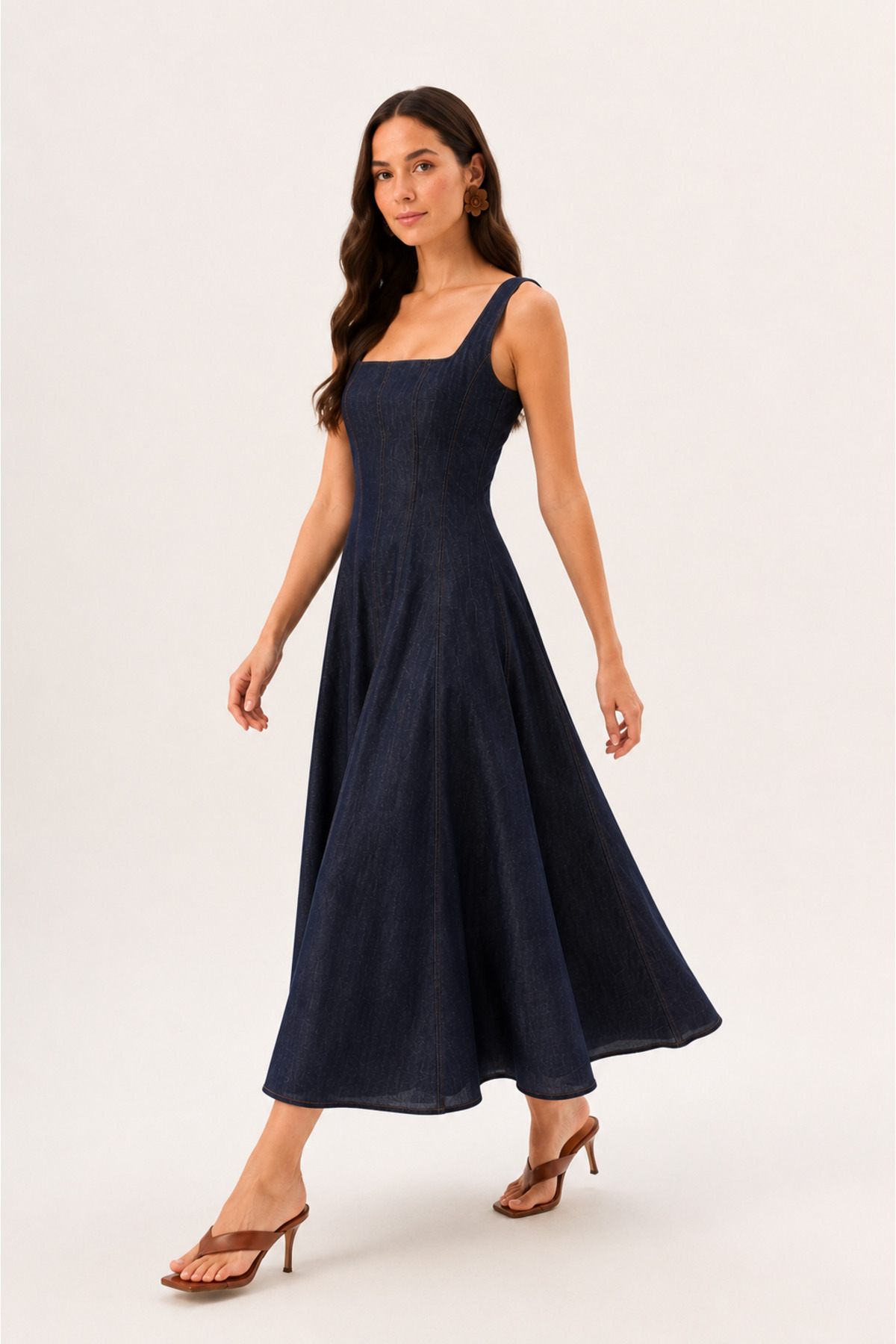 LADYA COLLECTION Navy Blue Denim Square Neck A-Line Panel Detailed Mid-Length Denim Dress