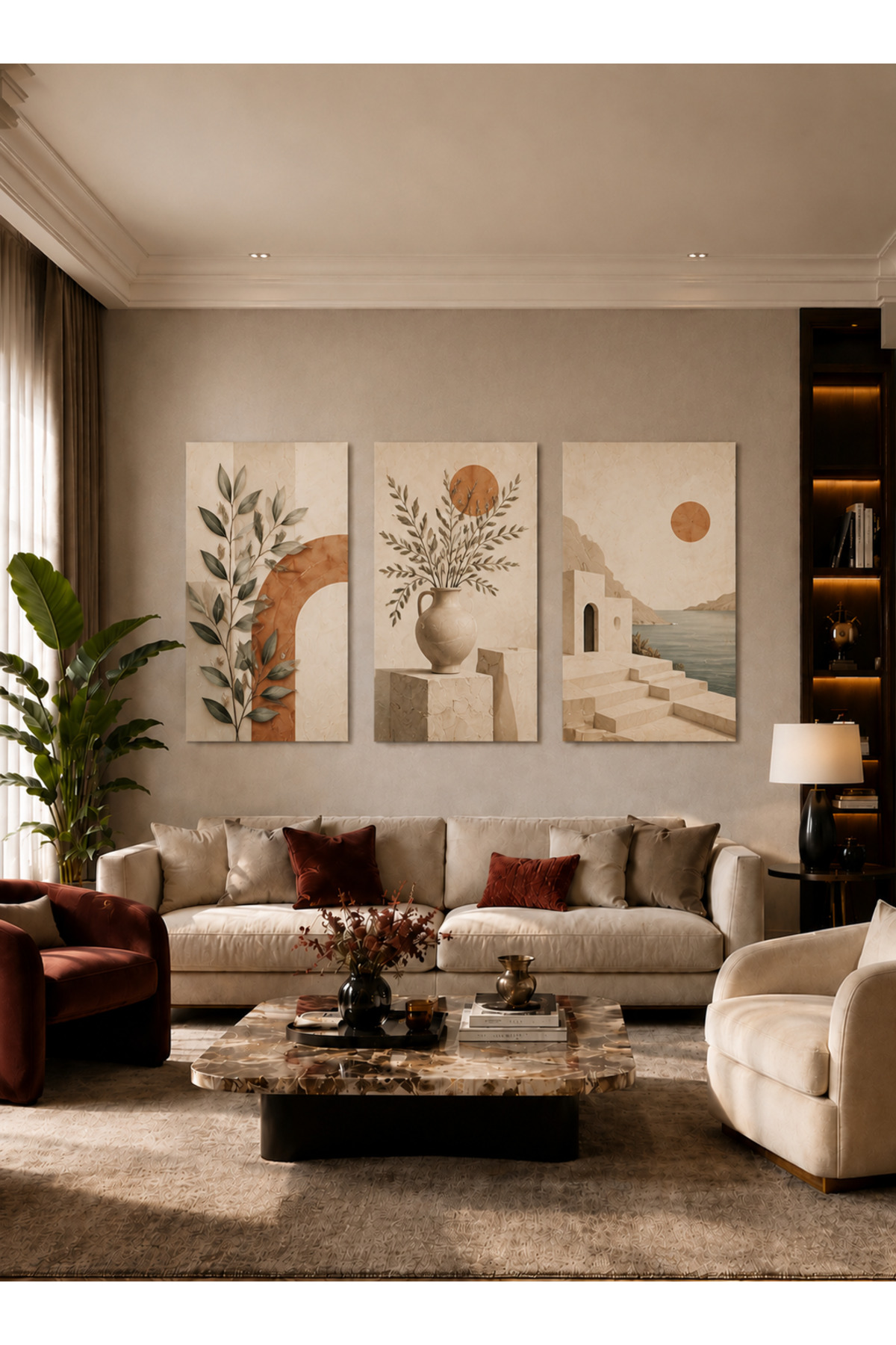 3 Parça MDF Akdeniz Botanik Tablo Seti Modern Bej Minimalist Duvar Dekoru Salon Tablosu