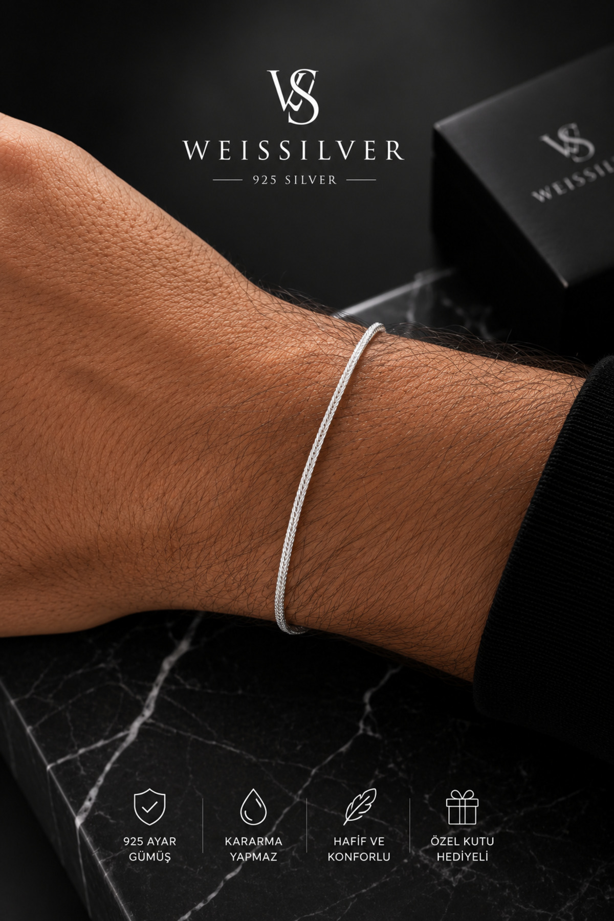 WeisSilver 925 Ayar Gümüş Old Money 3mm Tilki Kuyruğu Model Erkek Bileklik Künye –Gümüş Erkek Bileklik 17+5 cm
